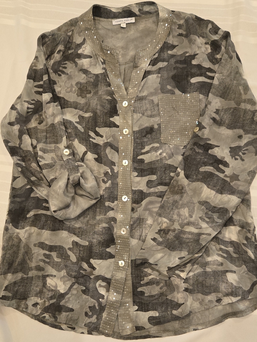 Tempo Paris Gray Camouflage V- Neck Button-Front Shirt